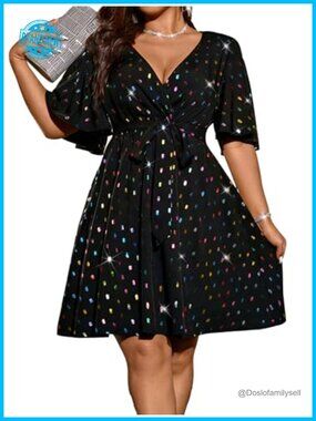Plus Size Sequin Wrap V Neck Short Sleeve Cocktail Party Dress
